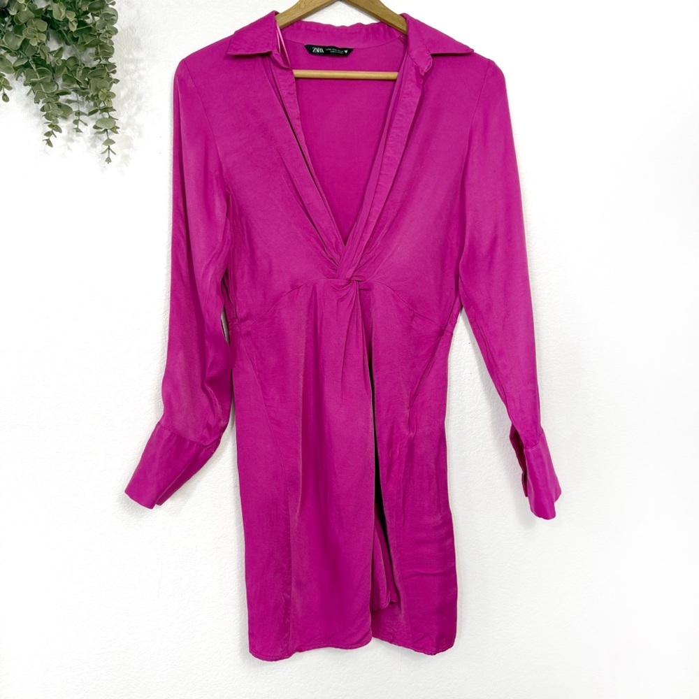 ZARA • Pink Satin Front Twist Midi Dress - Picture 3 of 6